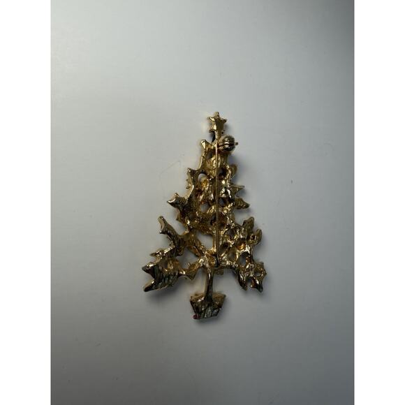 Holiday Christmas Tree Brooch Pin Gold Tone with Rhinestones - Picture 6 of 6